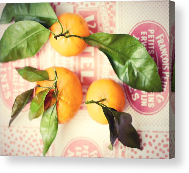 Tangerines Acrylic Print featuring the photograph Three Tangerines by Lupen Grainne