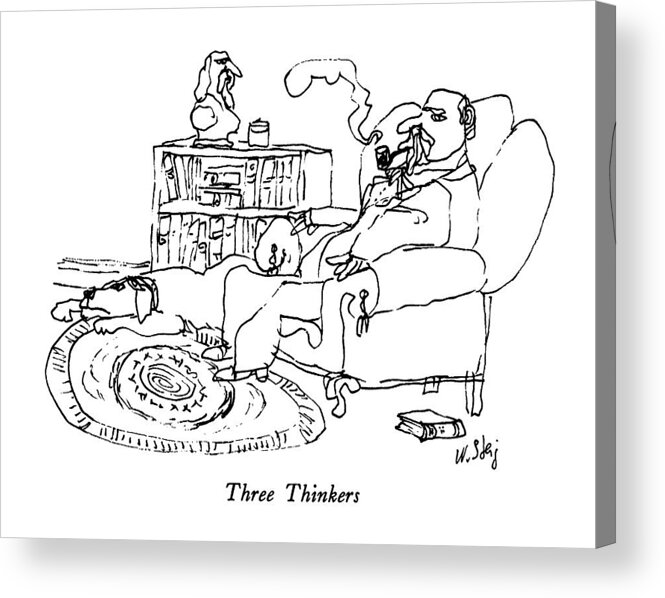 Three Thinkers
No Caption
Three Thinkers: Title. A Man Smoking A Pipe Sits In An Armchair. A Dog Lies On The Rug At His Feet Acrylic Print featuring the drawing Three Thinkers by William Steig