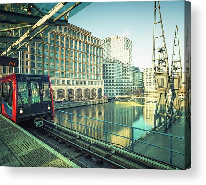 Downtown District Acrylic Print featuring the photograph Train In Subway Station At Canary by Cirano83