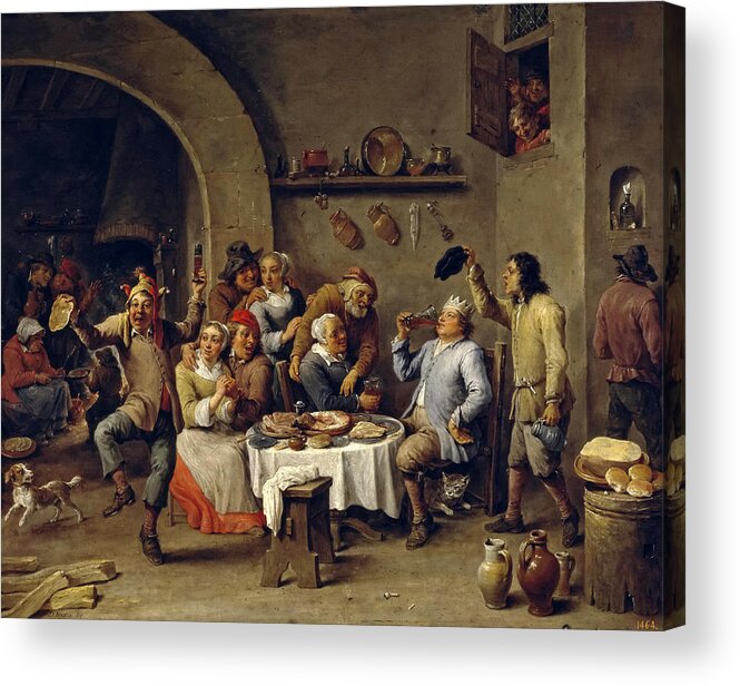 David Teniers The Younger Acrylic Print featuring the painting Twelfth-night. The King Drinks by David Teniers the Younger