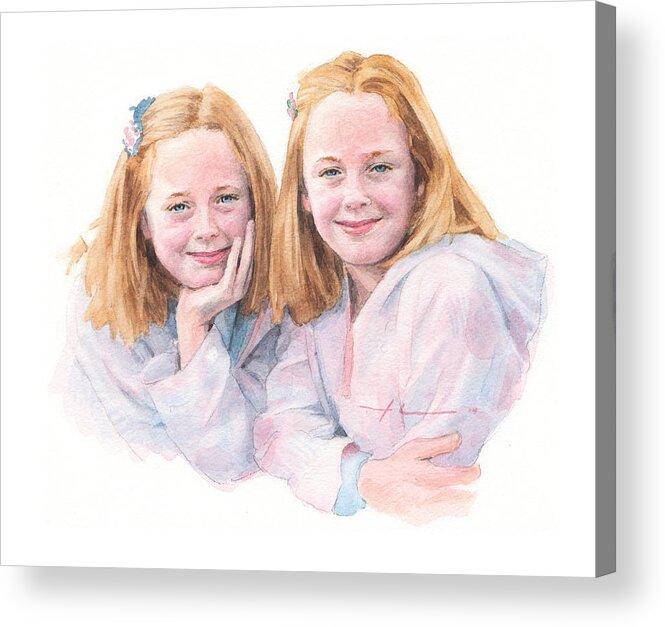 <a Href=http://miketheuer.com Target =_blank>www.miketheuer.com</a> Twin Sisters Watercolor Portrait Acrylic Print featuring the drawing Twin Sisters Watercolor Portrait by Mike Theuer