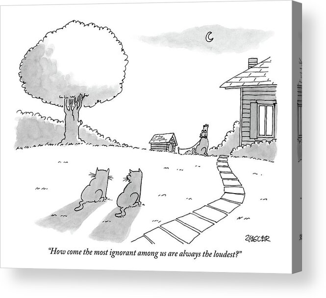 #condenastnewyorkercartoon Acrylic Print featuring the drawing Two Cats Sit On The Front Yard Remarking At A Dog by Jack Ziegler