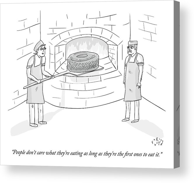 Car Tire Acrylic Print featuring the drawing Two Men Place A Car Tire Into A Brick Oven by Farley Katz