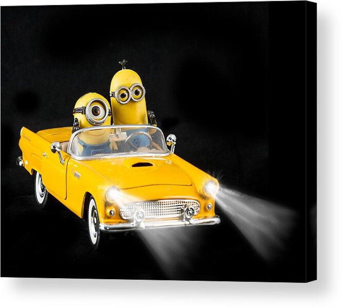 Two Minions in yellow car headlights on Acrylic Print by Lisa Cuchara -  Pixels