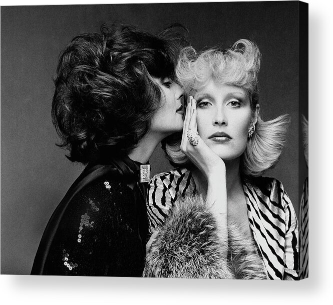 Accessories Acrylic Print featuring the photograph Two Models Wearing Wigs By Edith Imre by Francesco Scavullo