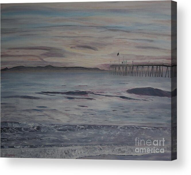 Surf Acrylic Print featuring the painting Ventura Pier High Surf by Ian Donley