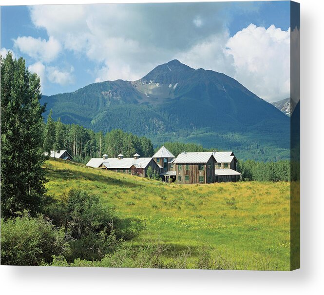 No People Acrylic Print featuring the photograph View Of Houses And Mountain by Mary E. Nichols