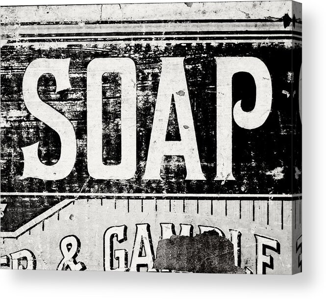 Black And White Acrylic Print featuring the photograph Vintage Soap Crate in Black and White by Lisa R