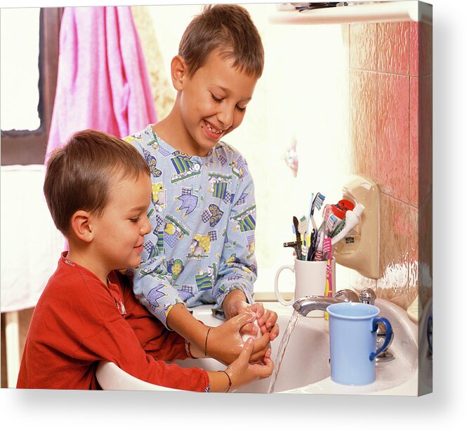 Boy Acrylic Print featuring the photograph Washing Hands by Mauro Fermariello/science Photo Library