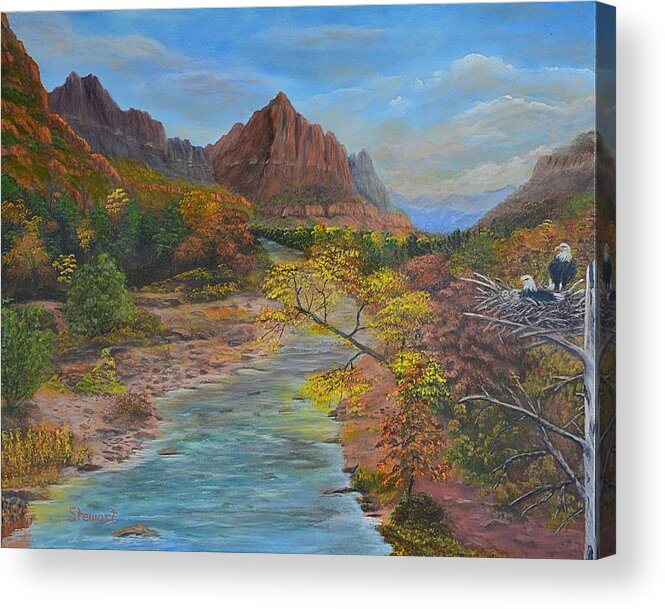 Landscapes Acrylic Print featuring the painting Watchmen Watching Zion's Watchman by William Stewart