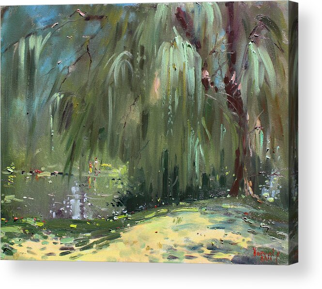 Trees By The Lake Acrylic Print featuring the painting Weeping Willow Tree by Ylli Haruni