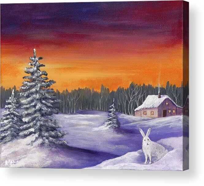 Winter Acrylic Print featuring the painting Winter Hare Visit by Anastasiya Malakhova