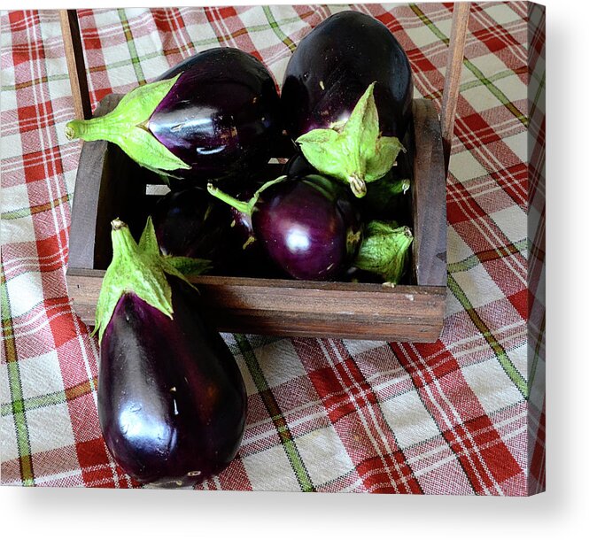 Purple Acrylic Print featuring the photograph Wooden Basket Of Eggplant by Jessica Lynn Culver