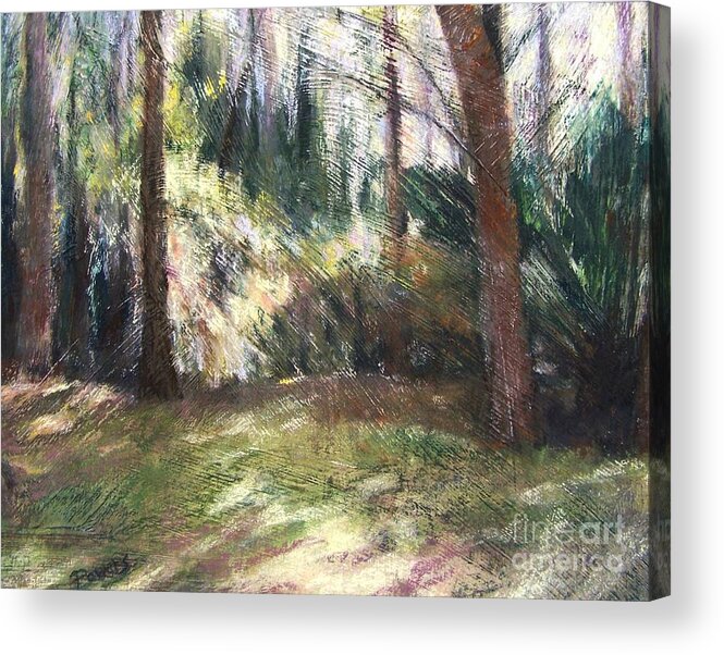 Landscape Of Sunlight And Shadows In A Forest Clearing In Parrish Acrylic Print featuring the painting Woodland Shadows by Mary Lynne Powers