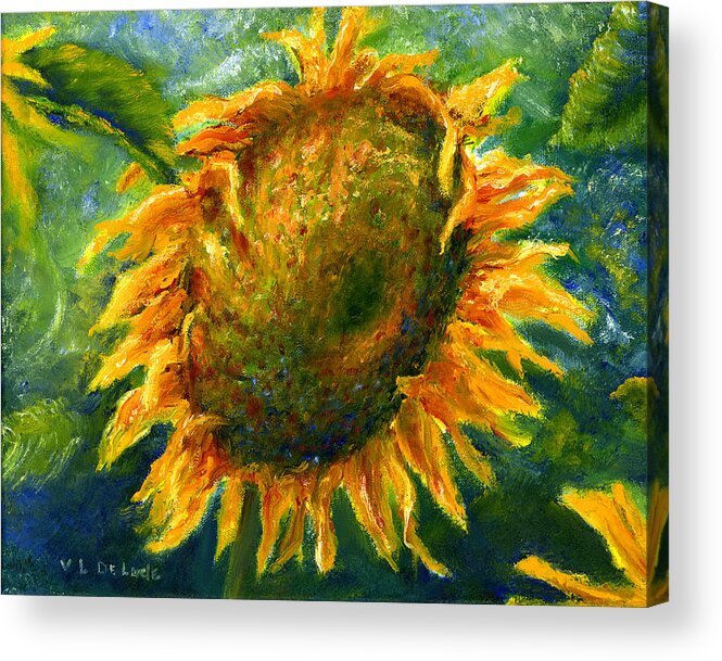Luscious Acrylic Print featuring the painting Yellow Sunflower Art in Blue and Green by Lenora De Lude