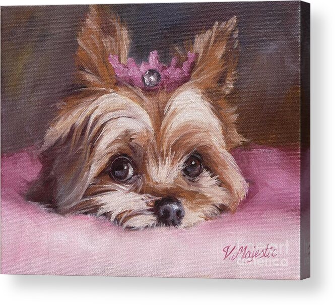 Yorkshire Terrier Acrylic Print featuring the painting Yorkshire Terrier Princess in Pink by Viktoria K Majestic