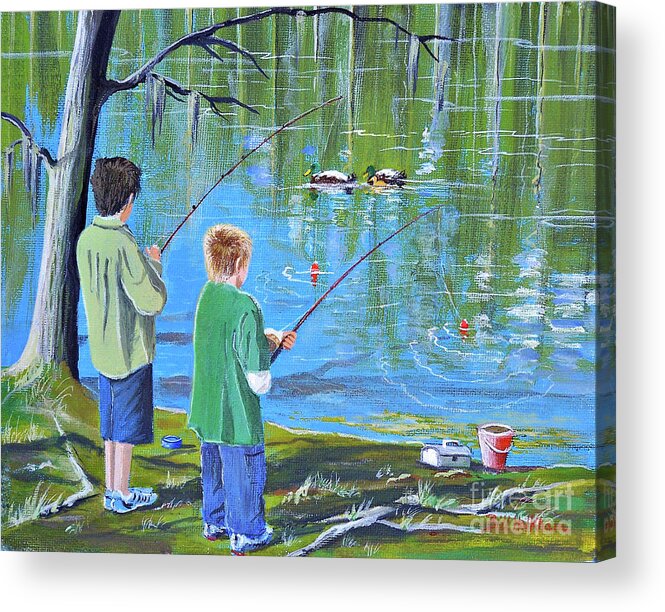 Fishing Acrylic Print featuring the painting Young Lads Fishing by Bill Holkham