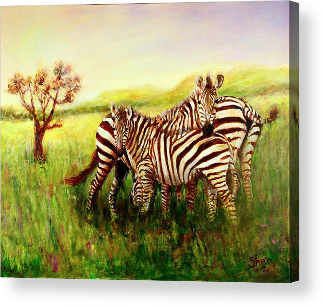 Zebra Acrylic Print featuring the painting Zebras at Ngorongoro Crater by Sher Nasser