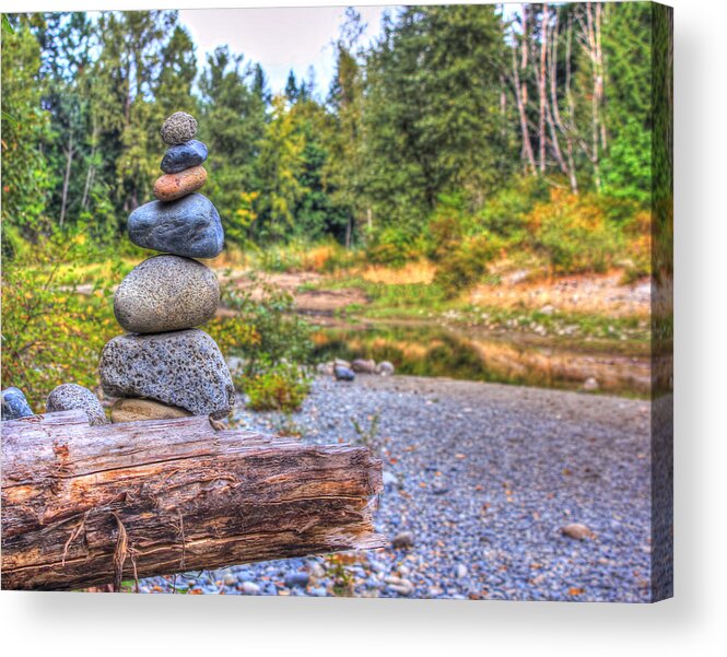 Balanced Acrylic Print featuring the photograph Zen Balanced stones on a tree by Eti Reid