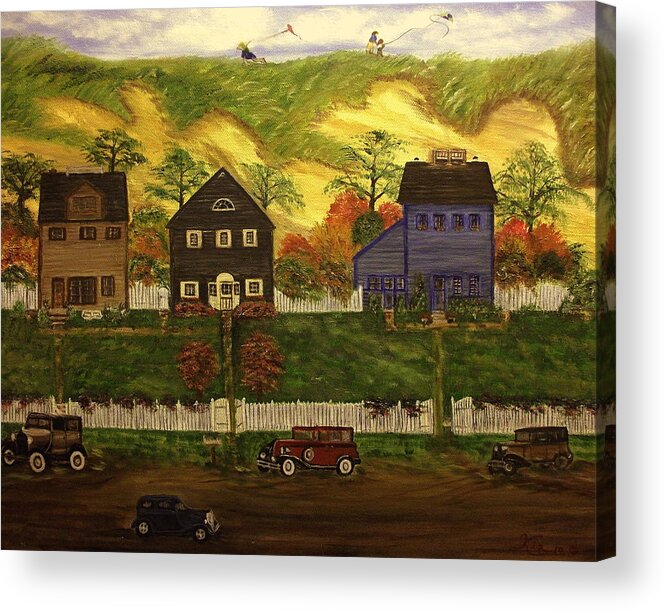 Folk Art Acrylic Print featuring the painting Flying Kites #1 by Kenneth LePoidevin