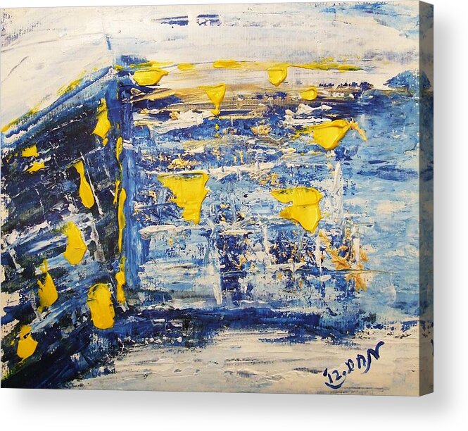 Kotel Acrylic Print featuring the painting Abstract Kotel Prayer at the Western Wall Waiting for Peace in Blue Yellow Silver Jerusalem Israel by M Zimmerman