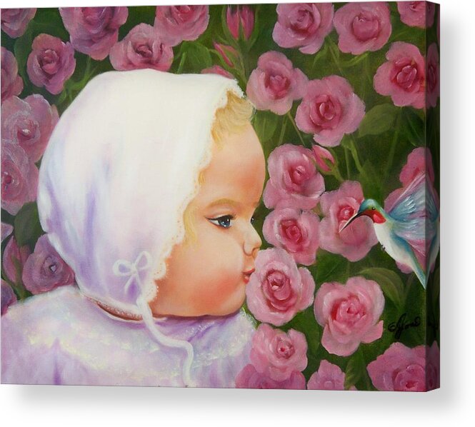 Baby Acrylic Print featuring the painting Baby Meets Hummingbird by Joni McPherson