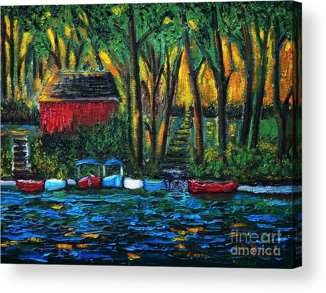 Boats Acrylic Print featuring the painting Boat Dock in The Evening by Reb Frost