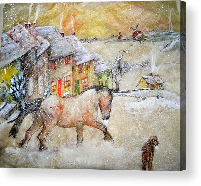 Landscape. Horse. Brabant. Poodle. Standard. Winter. Snow.belgium. Windmills. Acrylic Print featuring the painting Brabant And Red Standard Poodle Face Off by Debbi Saccomanno Chan