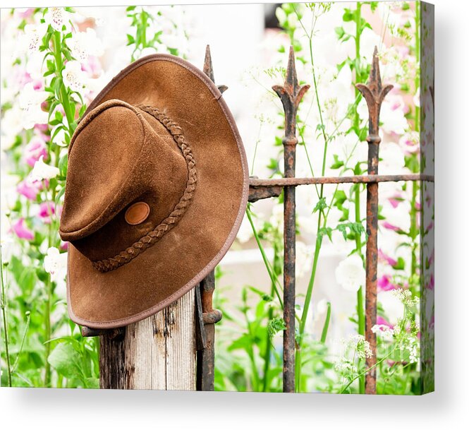 Garden Acrylic Print featuring the photograph Bush hat on railing by Simon Bratt