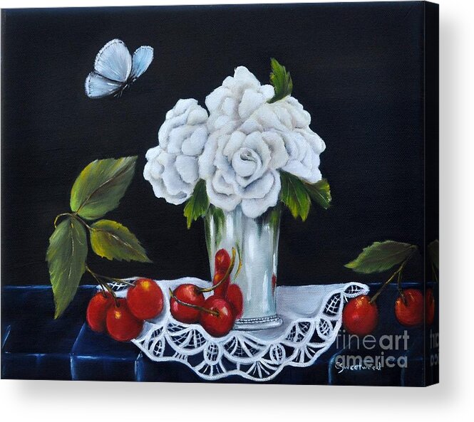 Still Life Acrylic Print featuring the painting Cherries and Roses by Carol Sweetwood