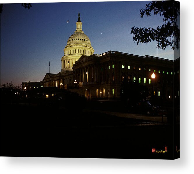 Scenic Acrylic Print featuring the photograph Conjunction of Moon Venus and Jupiter over the U S Capitol 15Q by Gerry Gantt