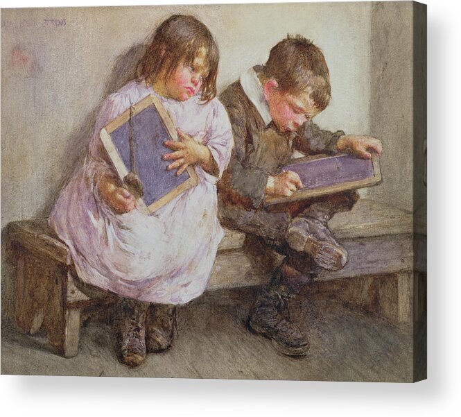 Children; Pupil; Student; Slate; Writing Tablet; Detention; Naughty Acrylic Print featuring the painting Kept in by John Henry Henshall