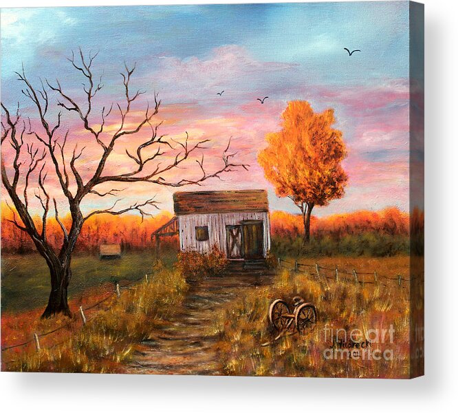 Old Barn Acrylic Print featuring the painting Old Barn Painting at Sunset by Judy Filarecki