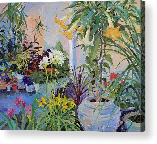 Brugmansia Acrylic Print featuring the painting Patio with Flowers by Judith Barath