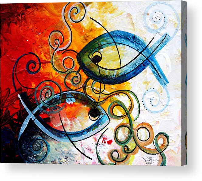 Fish Acrylic Print featuring the painting Purposeful Ichthus by Two by J Vincent Scarpace