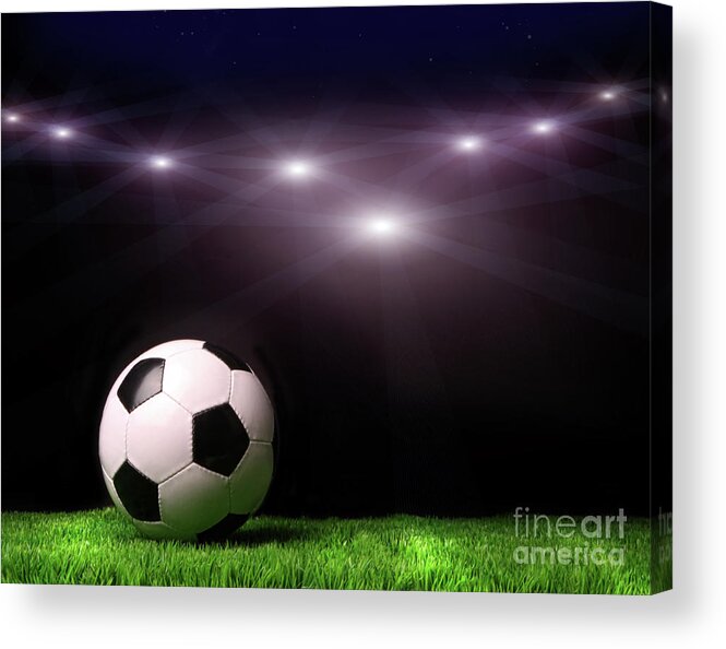Abstract Acrylic Print featuring the photograph Soccer ball on grass against black by Sandra Cunningham