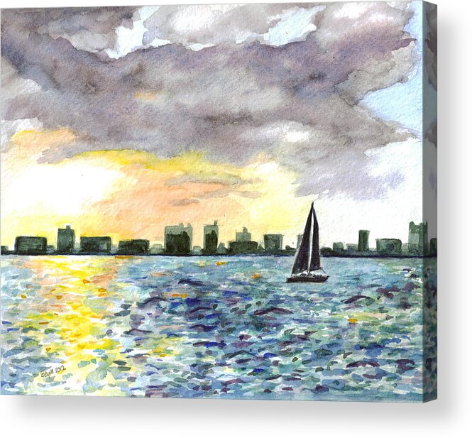 City Scape Acrylic Print featuring the painting Sunset sail by Clara Sue Beym