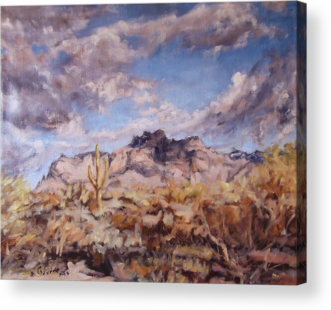 Superstition Mountains Acrylic Print featuring the painting The Last Stand by Gretchen Price