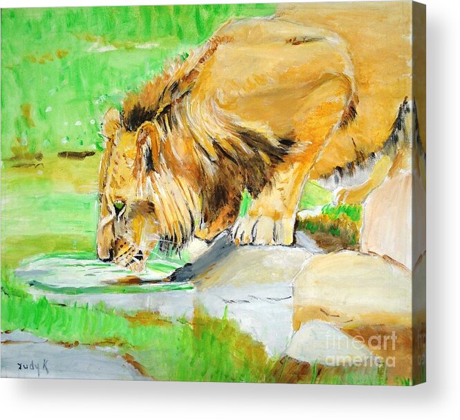 Lion Acrylic Print featuring the painting The Paws that Refreshes by Judy Kay