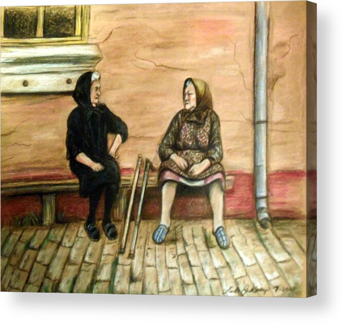Old Women Acrylic Print featuring the drawing Village Gossip by Linda Nielsen