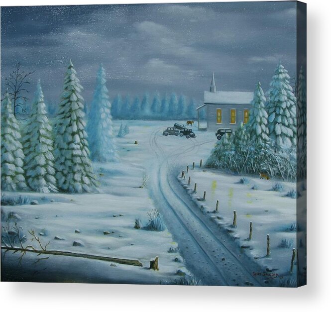  Snow Scene Acrylic Print featuring the painting Winter Worship by Gene Gregory