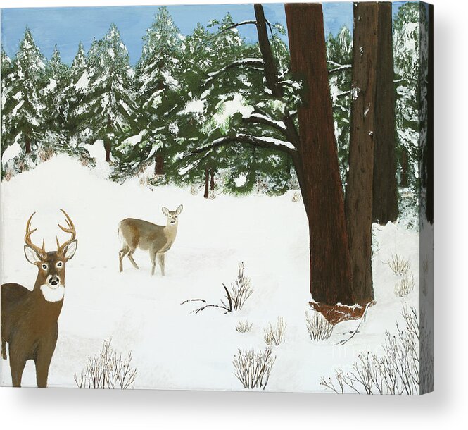 Winterscape Acrylic Print featuring the painting Wintering Whitetails by L J Oakes