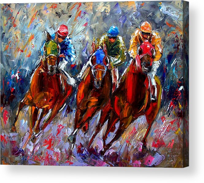 Horse Race Acrylic Print featuring the painting The Turn by Debra Hurd