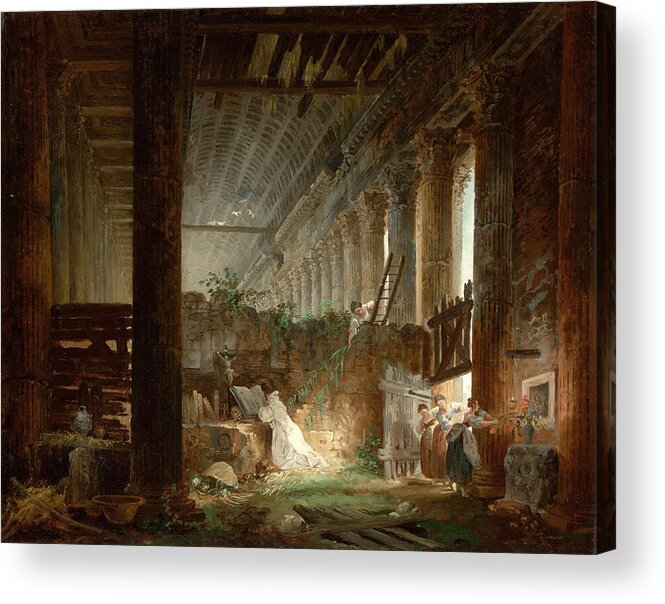 Hubert Robert Acrylic Print featuring the painting A Hermit Praying in the Ruins of a Roman Temple by Hubert Robert