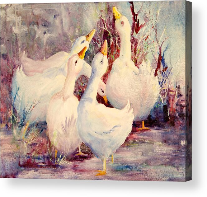 White Geese Acrylic Print featuring the painting 5 White Geese by Connie Williams