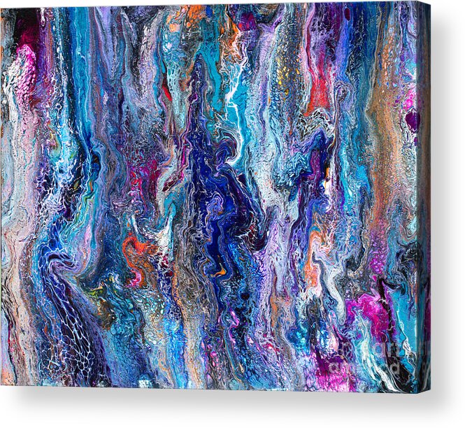 Original Abstract Dynamic Lacy Blue Liquid Art Form Swipe Full Of Seductive Texture And Intrigue With Pink Orange Purple Black Accents Acrylic Print featuring the painting #542 #542 by Priscilla Batzell Expressionist Art Studio Gallery