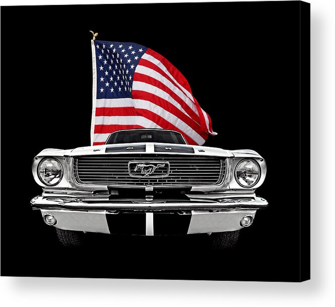 Ford Mustang Acrylic Print featuring the photograph 66 Mustang With U.S. Flag On Black by Gill Billington