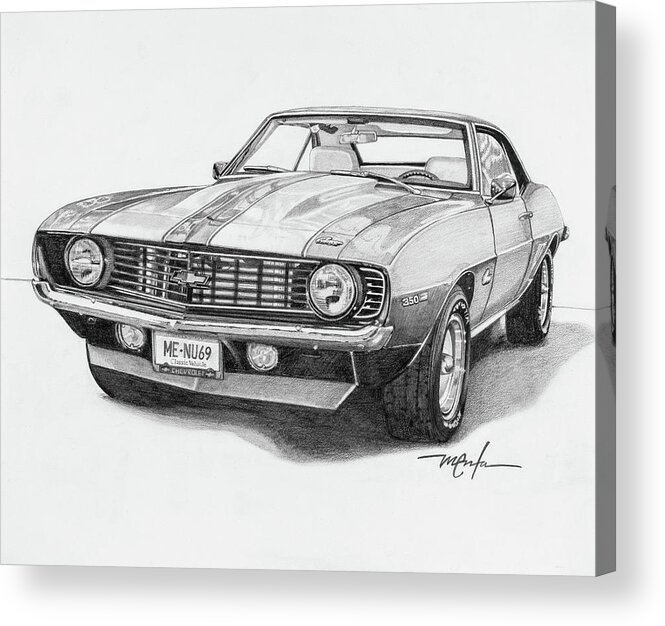 69 Camaro Acrylic Print featuring the drawing 69 Camaro by Dan Menta