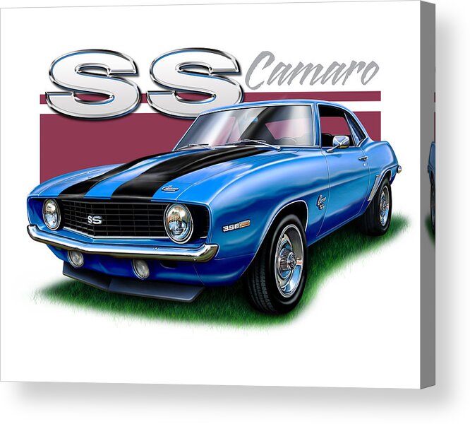 1969 Acrylic Print featuring the digital art 69 Camaro SS in Blue by David Kyte