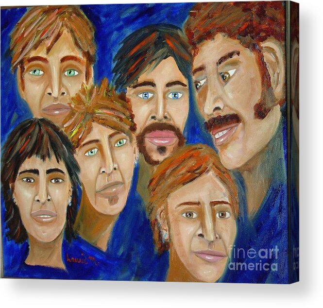 Portrait Acrylic Print featuring the painting 70s Band Reunion by Laurie Morgan